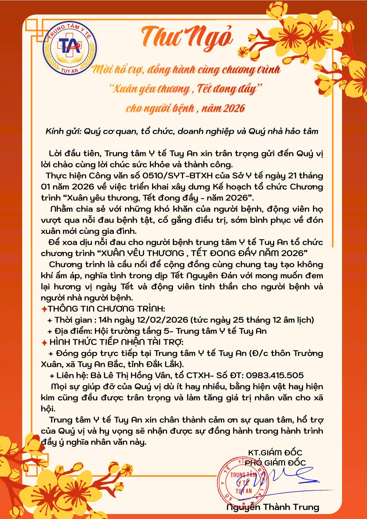 Thư ngỏ mời đồng hành chương trình "XUÂN YÊU THƯƠNG, TẾT ĐONG ĐẦY"cho người bệnh năm 2026